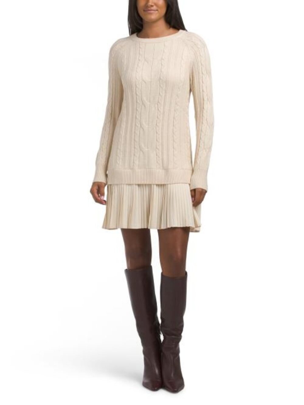LONDON TIMES Twofer Cable Knit And Pleated Hem Mini Dress